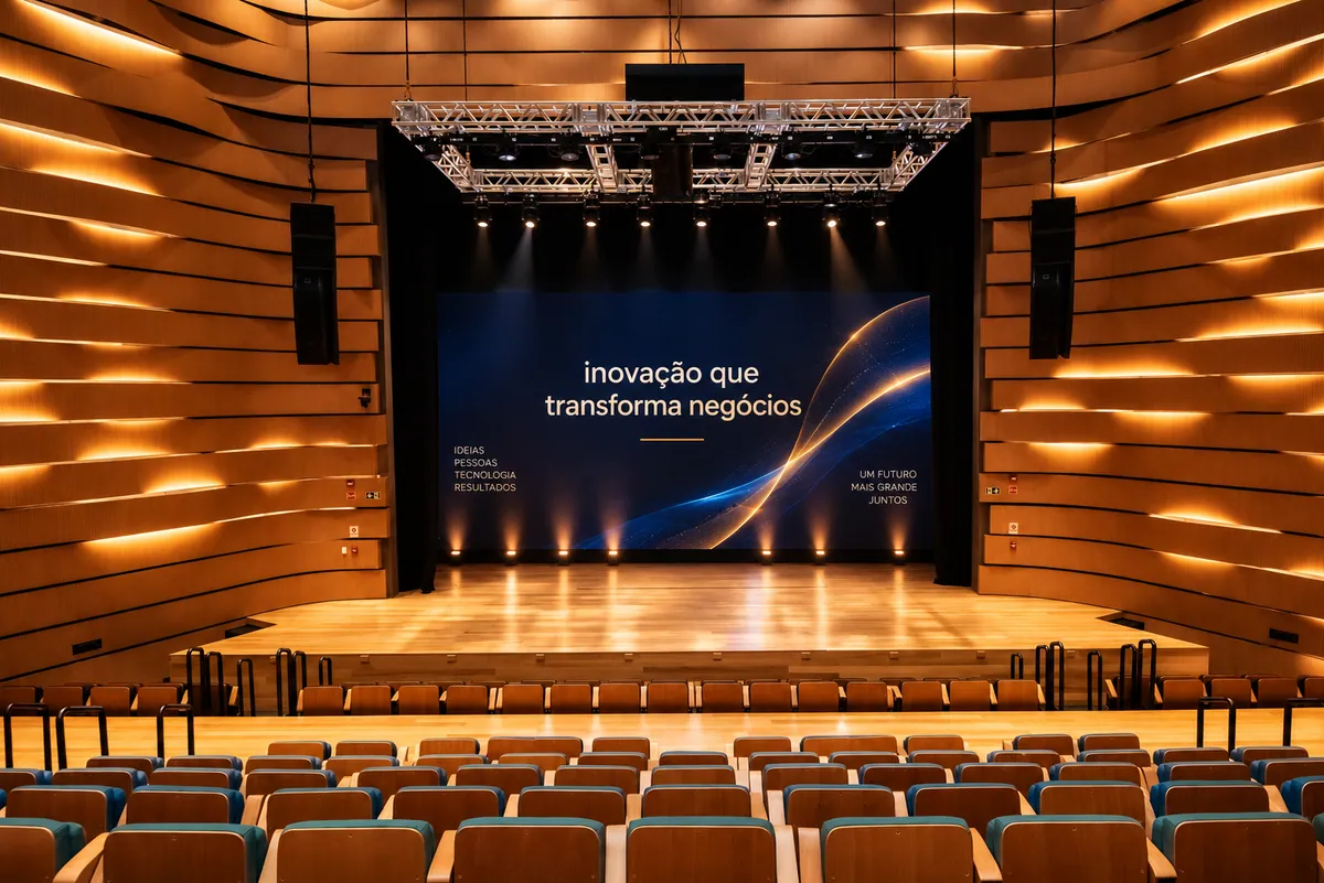 Auditório com a arquibancada montada e o painel de LED no palco